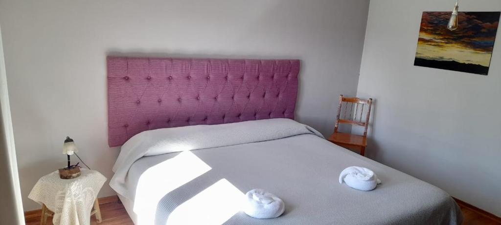 a bedroom with a bed with a purple headboard at MI CASA in El Calafate