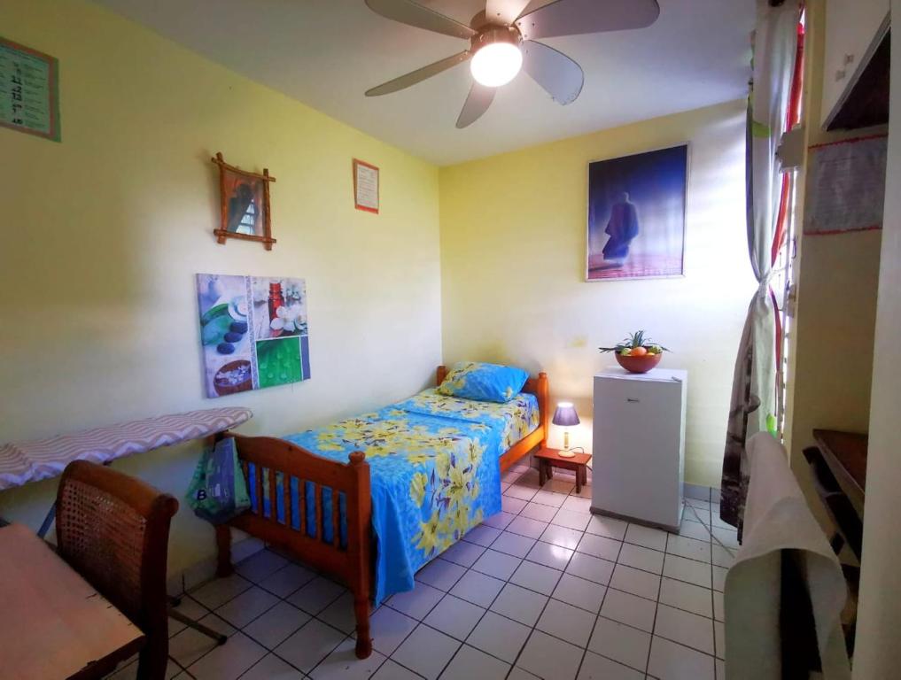 a bedroom with a bed and a ceiling fan at COLOCATION CITE URBAINE in Pointe-à-Pitre