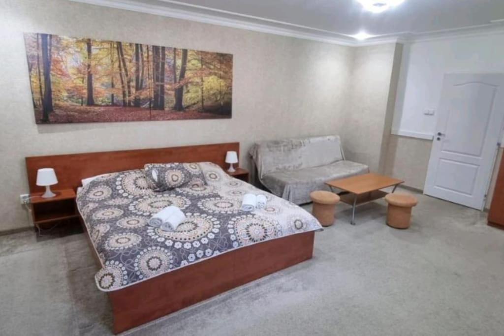 1 dormitorio con cama, sofá y mesa en Apartmán Harmónia, Bardejovské kúpele, en Bardejovské Kúpele