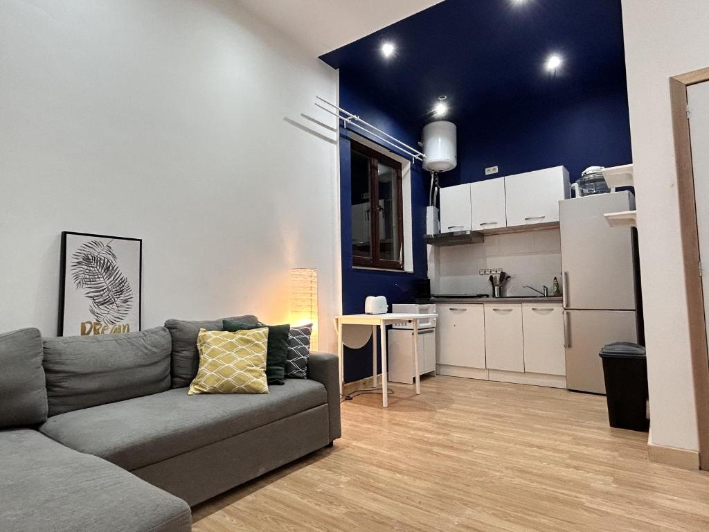 a living room with a couch and a kitchen at Studio comfortable charleroi in Charleroi