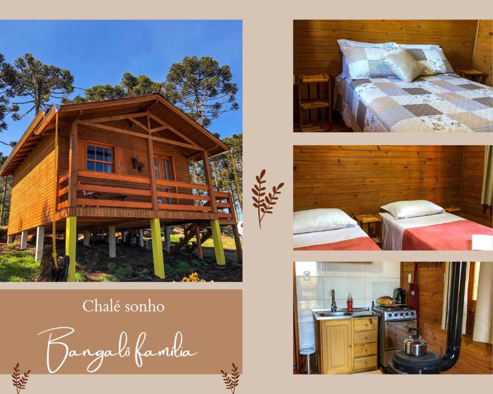 uma colagem de fotografias de uma cabana de madeira em Pousada Chales Aconchego Serrano em Bom Jardim da Serra