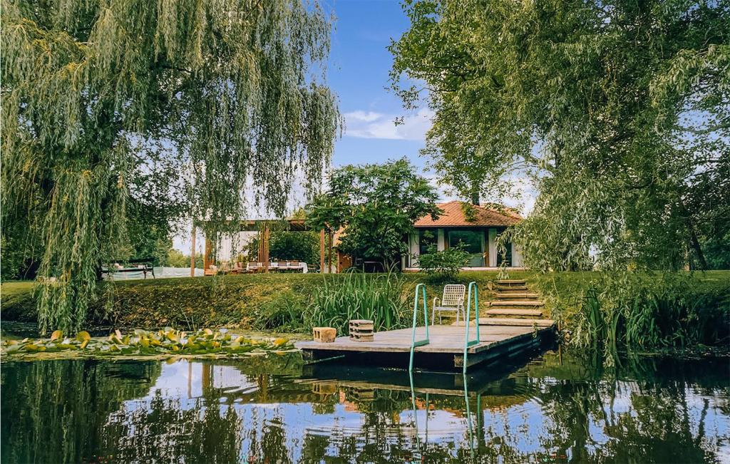 a house on a lake with a dock and trees at Awesome Home In Rokovci With Outdoor Swimming Pool 