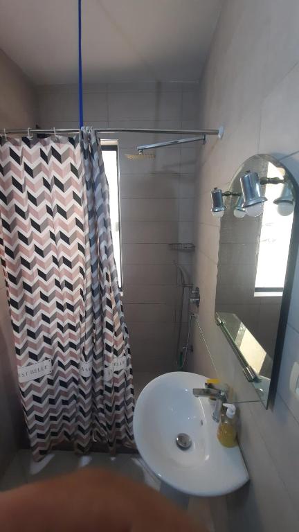 a bathroom with a sink and a shower curtain at Pine Apartment 2 plus 1 in Golem