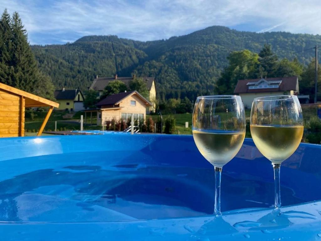 Casa Blu Kärnten - One Holiday in Three Countries - Cold&Hottub, Sauna - Piste في أرنولدشتاين: كأسين من النبيذ الأبيض يجلسون بجوار حمام السباحة