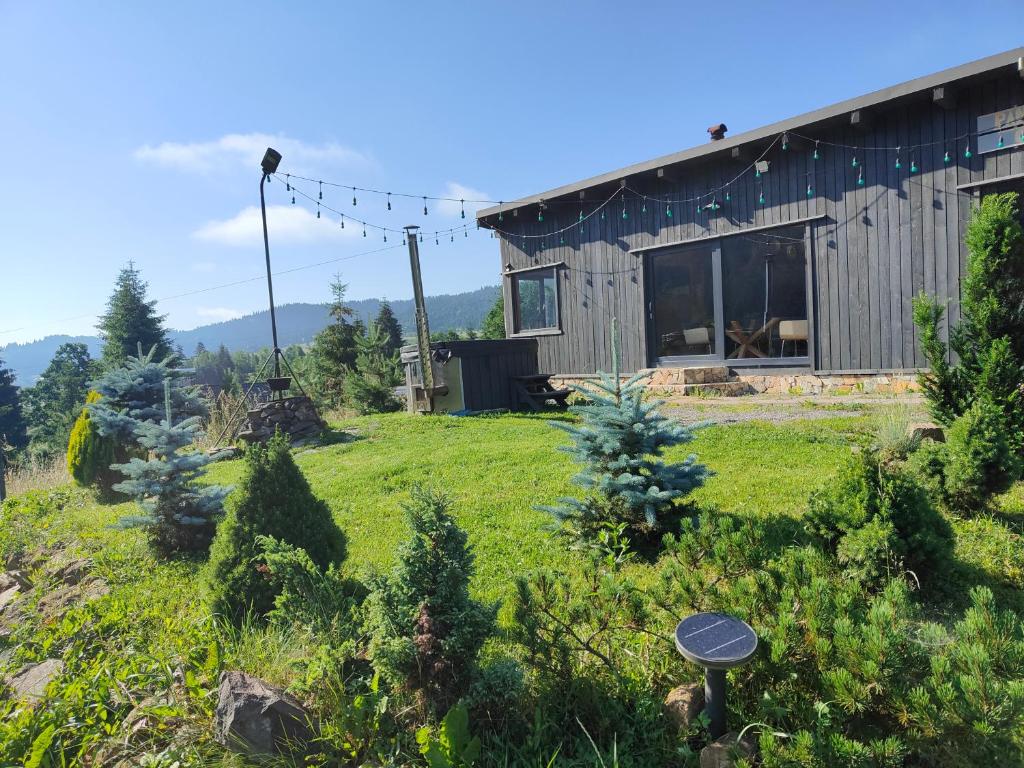 a house in the middle of a yard with trees at Panoramic Cabin Stânceni in Ciobotani