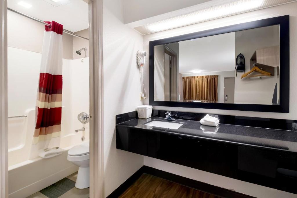 a bathroom with a black sink and a mirror at Red Roof Inn Chattanooga - Lookout Mountain in Chattanooga