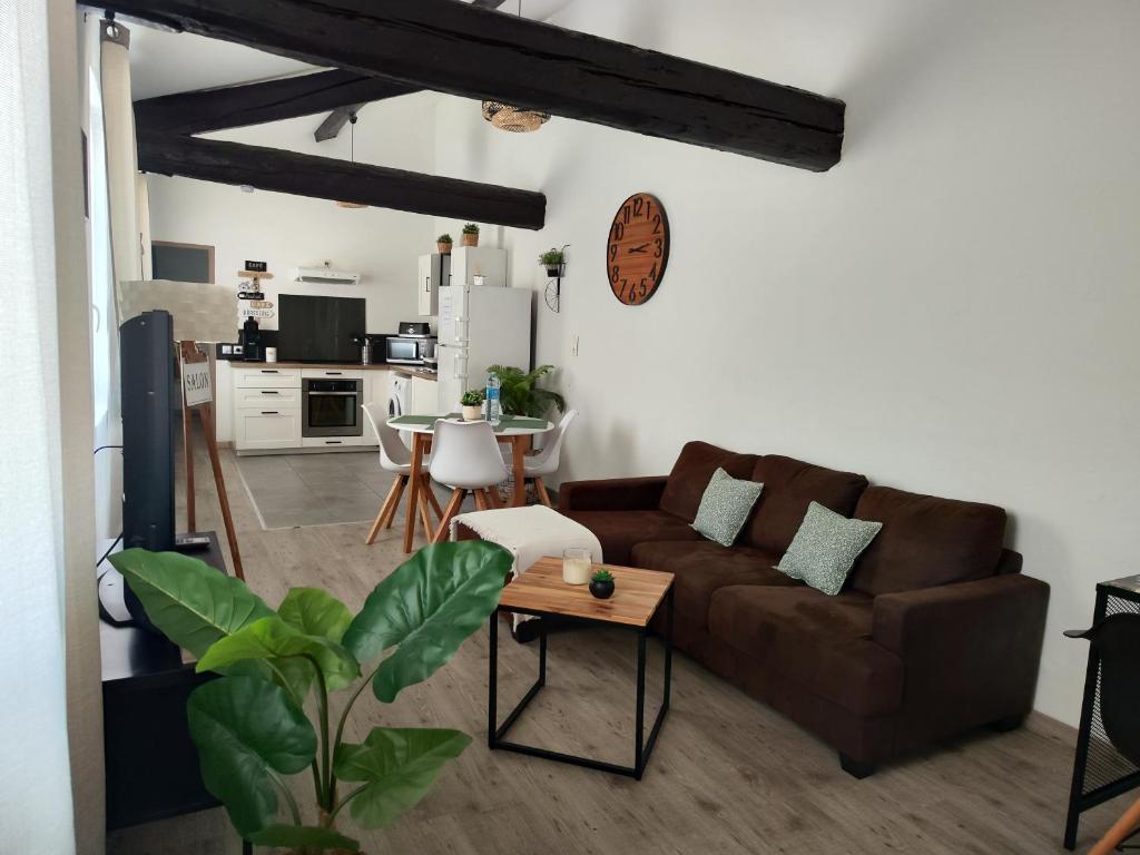 uma sala de estar com um sofá castanho e uma mesa em Appartement de Charme L'Isle-sur-la-Sorgue sur la Sorgues em LʼIsle-sur-la-Sorgue