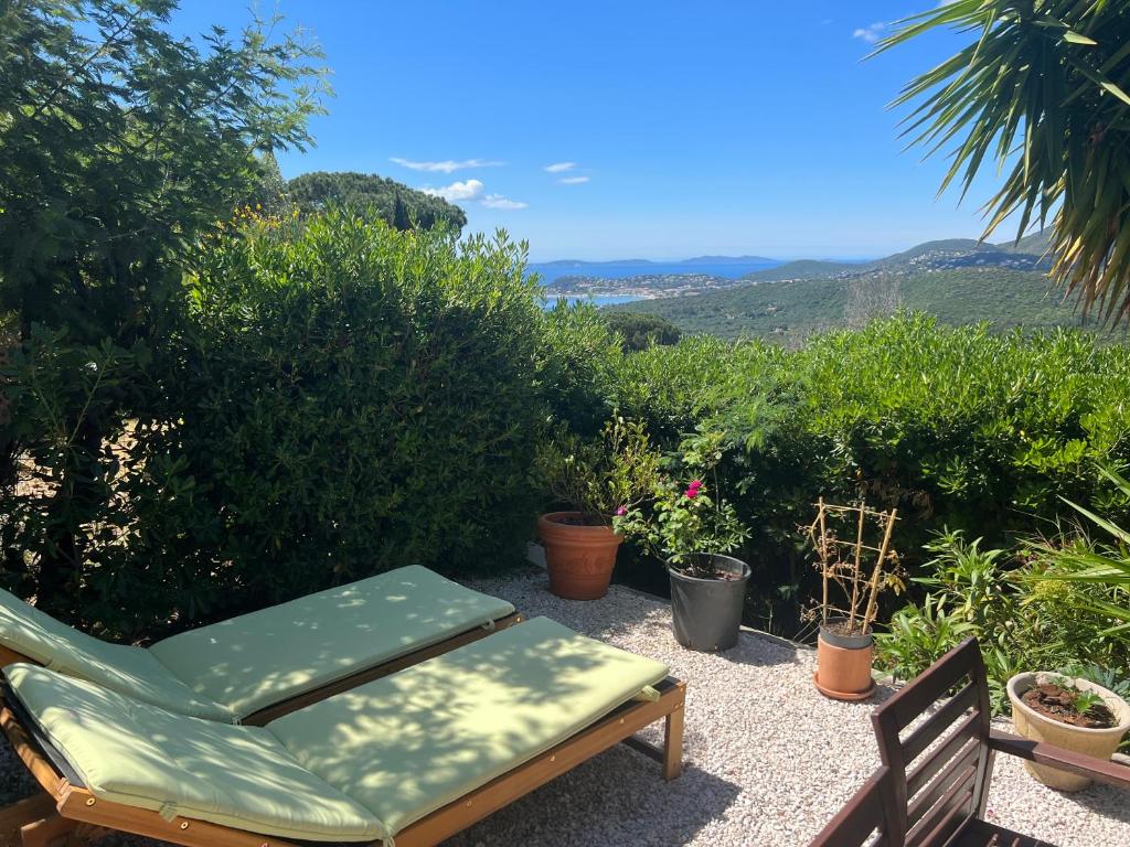 un patio avec une chaise et des plantes dans l'établissement LA MAISON D'AUREL, à La Croix-Valmer