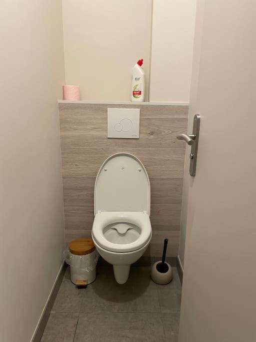 a small bathroom with a toilet in a stall at Appartement calme, climatisé 3min à pied de la mer in Palavas-les-Flots