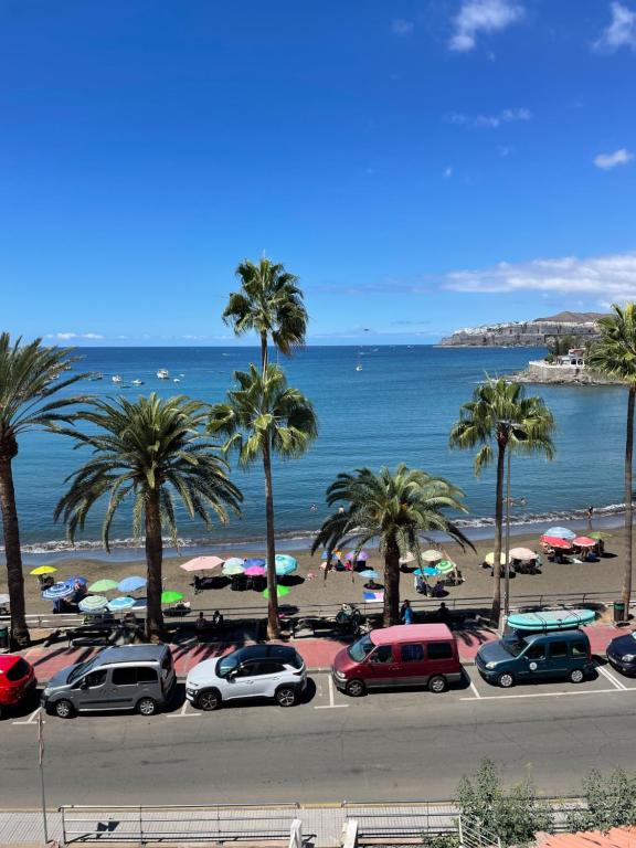 um grupo de carros estacionados numa praia com palmeiras em PURA VIDA em Arguineguín