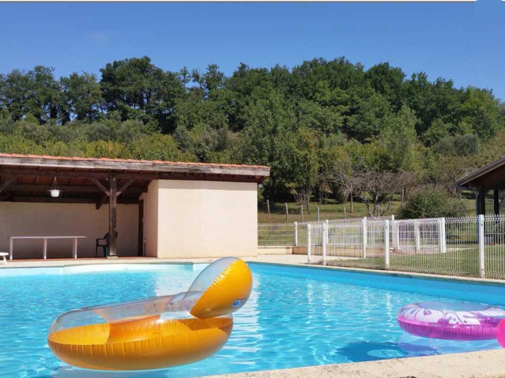 an inflatable raft in a swimming pool at Seuls en Pleine Nature - Gîte la Côte Blanche in Puygaillard-de-Quercy