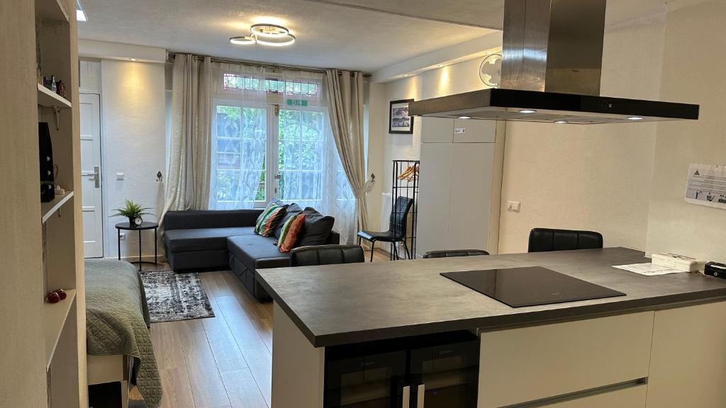Studio with sauna في أمستردام: مطبخ وغرفة معيشة مع أريكة وطاولة