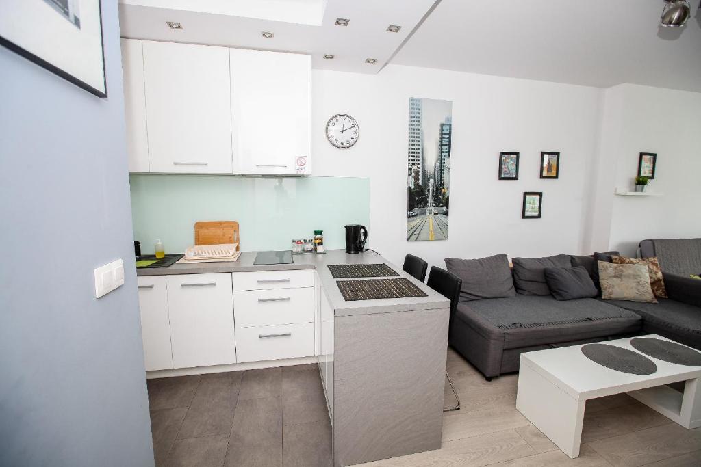uma cozinha e uma sala de estar com um sofá em Luxury Green Kabaty Apartament nr 6 em Varsóvia