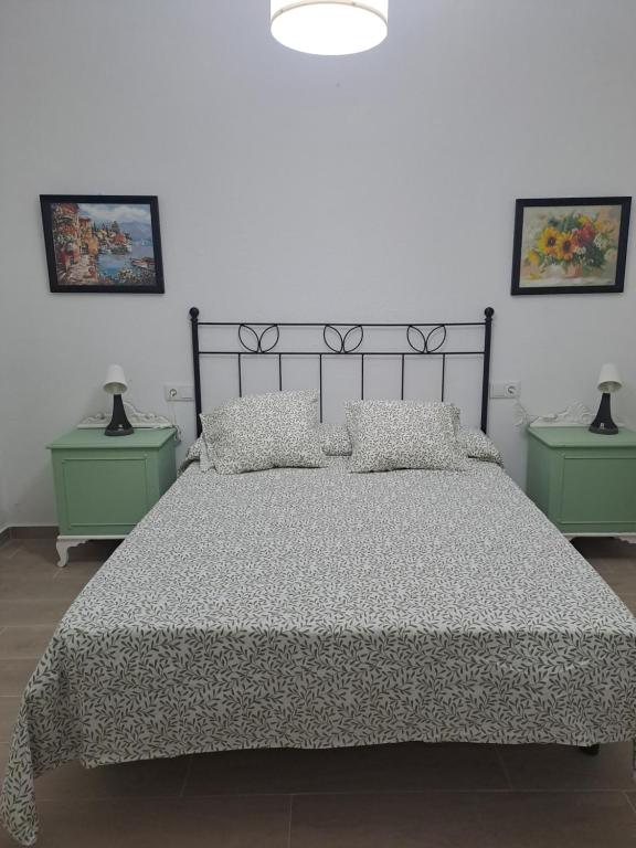 een slaapkamer met een bed met twee groene nachtkastjes bij Casa Tia Pilar in Algodonales