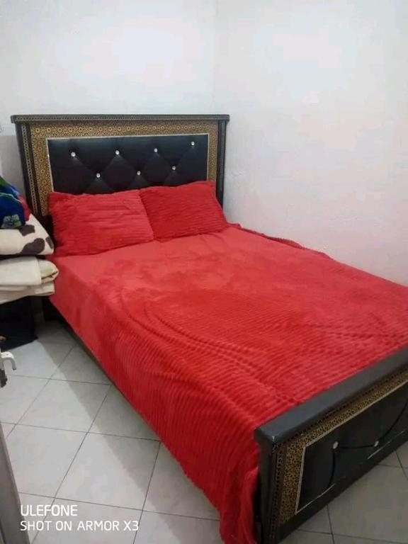 a bed with a red bedspread and red pillows at السخينات in Es Skhinat