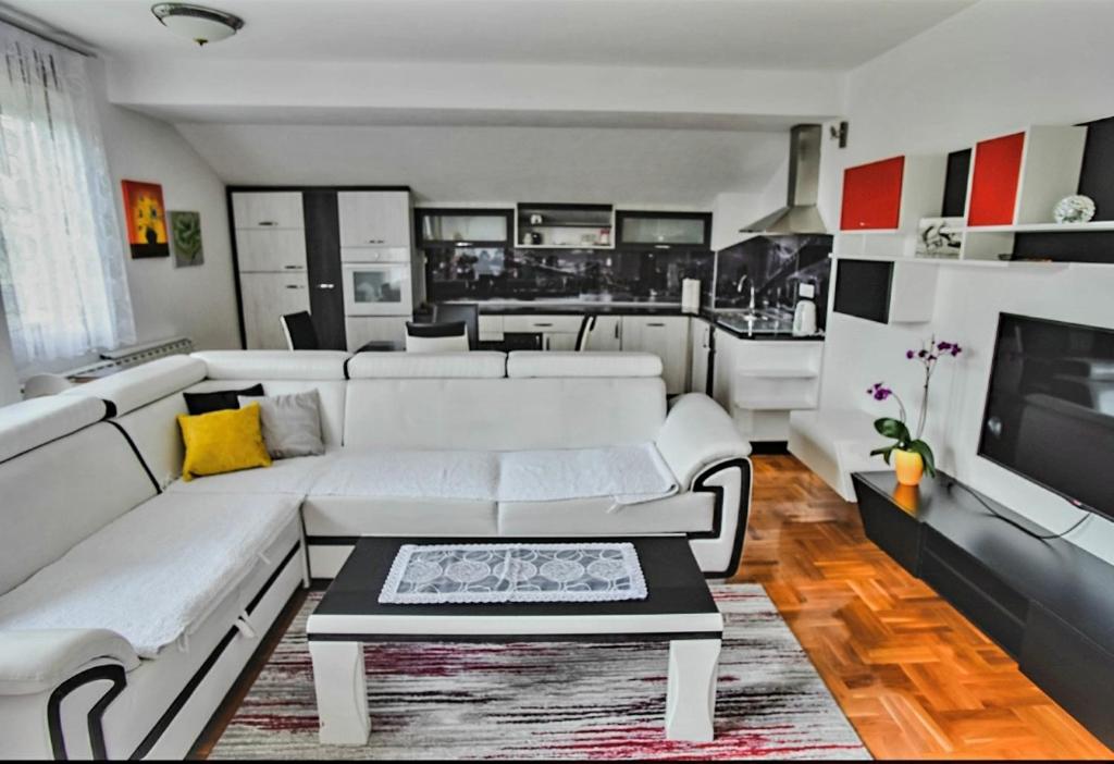 een woonkamer met een witte bank en een tv bij Aventurin Superior Apartments in Bihać