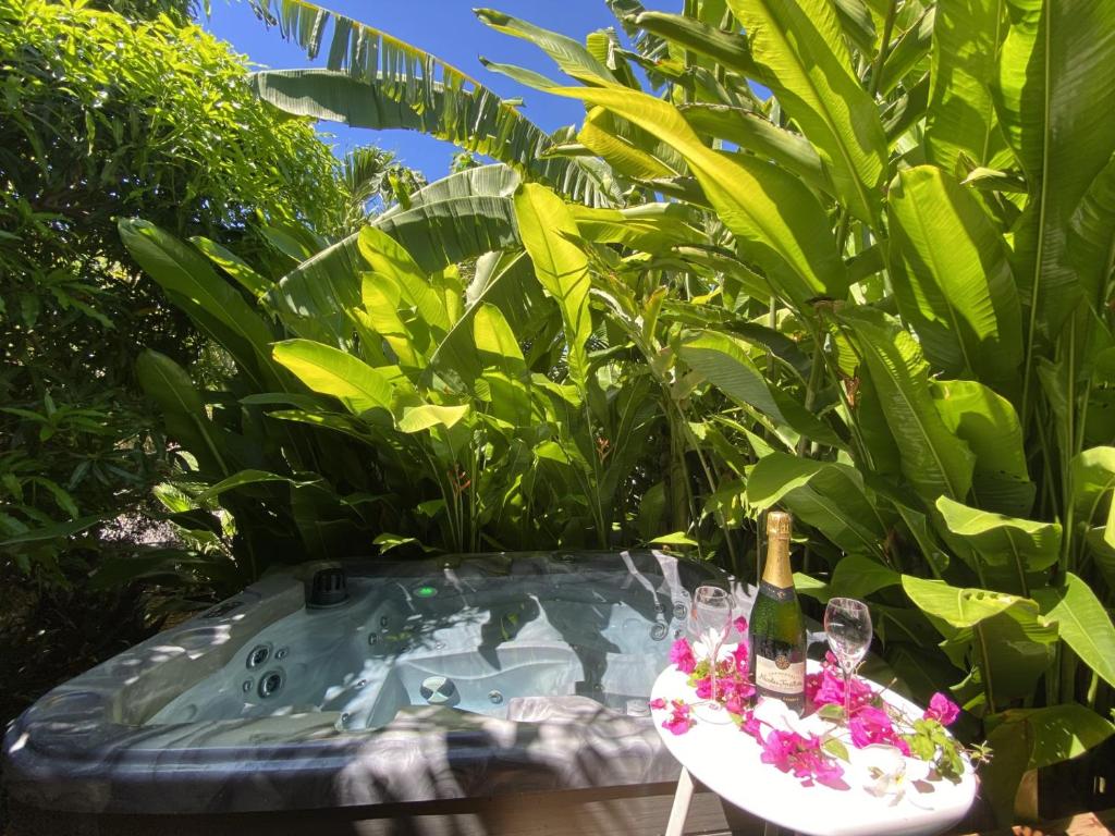 a bath tub with a bottle of wine and flowers at Kaz ananas, spa privatif ,plage du Helleux in Sainte-Anne