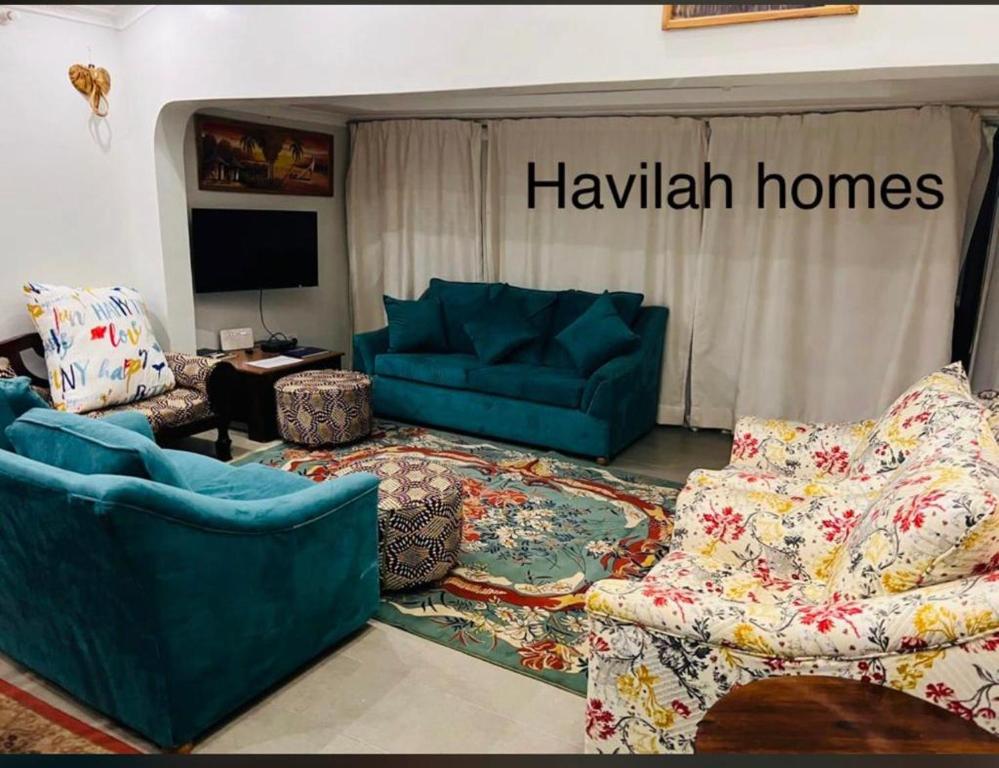 un salon avec deux canapés bleus et une télévision dans l'établissement Havilla homes, à Kitengela 