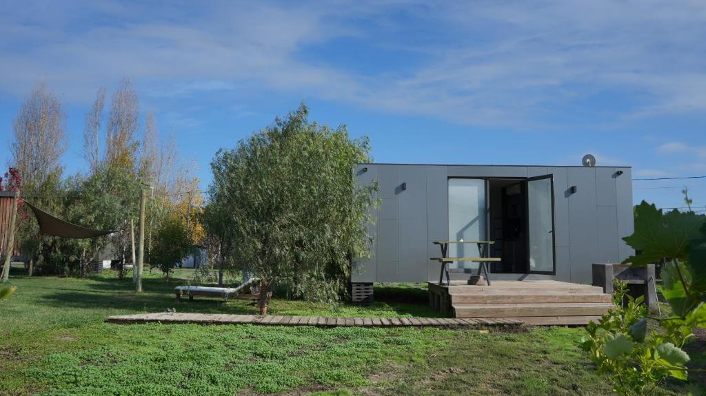 a tiny house in a yard with a tree at Cabañas y Padel Tinycolchagua cl in Santa Cruz
