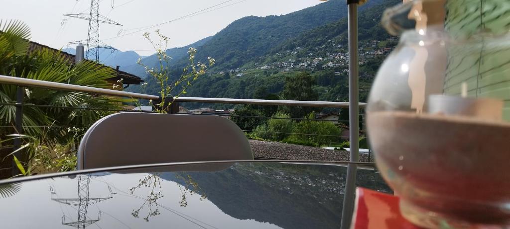wazon siedzący na stole z widokiem na góry w obiekcie Casa Diana Locarno-Cugnasco w mieście Locarno