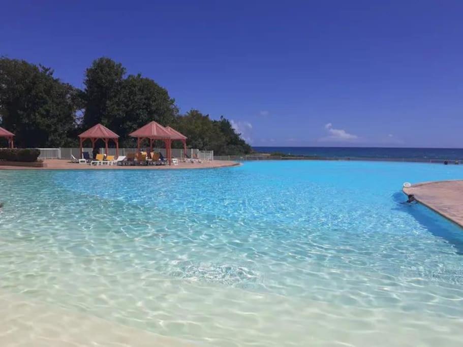 une grande piscine d'eau bleue avec des tables et des parasols dans l'établissement Studio Coco Passion, à Saint-François
