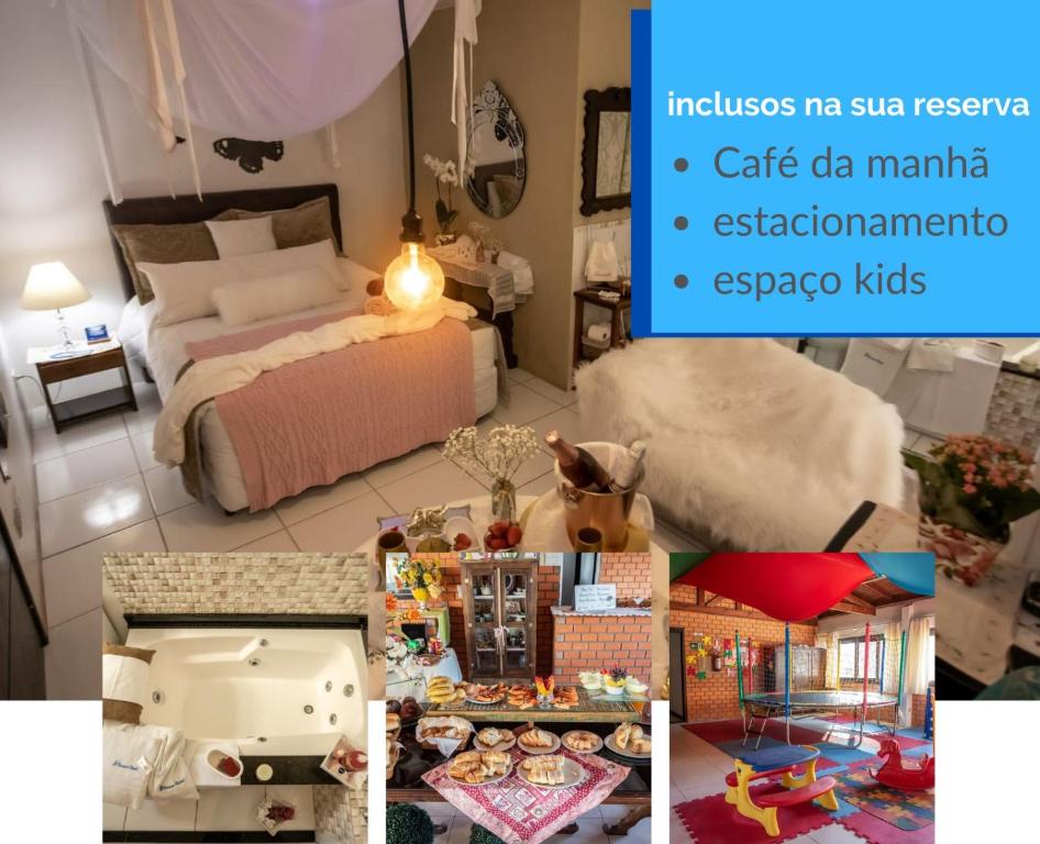 uma colagem de fotos de um quarto com uma cama e brinquedos em HOTEL POUSADA OCEANO em Torres