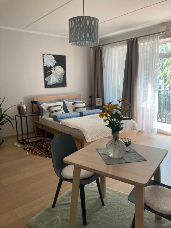 Schlafzimmer mit einem Bett, einem Tisch und Stühlen in der Unterkunft Apartment Upeņu in Riga