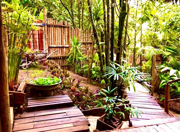 a garden with a wooden pathway with plants and a fence at Bangalô Maria Eliza, luxo próximo ao mar in Trancoso