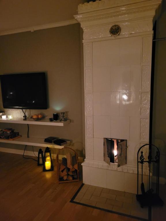 a living room with a fireplace and a tv at Mysigt hus utanför Järvsö in Järvsö