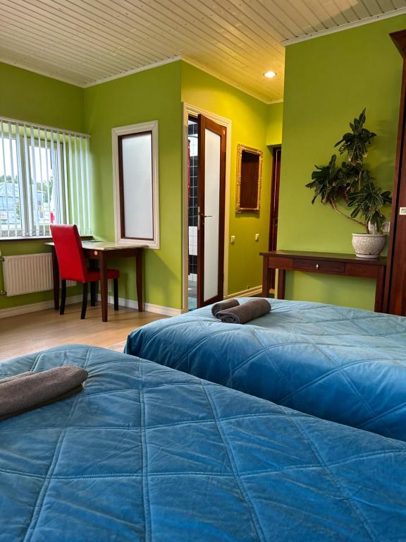 duas camas num quarto com paredes verdes e amarelas em Viesnīcas Jolanta apartamenti em Kolberģi