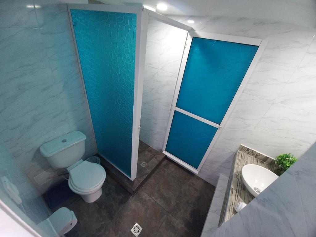 a bathroom with a toilet and a shower and a sink at Estudio tipo Loft Amoblado en Bocagrande Cartagena 801A in Cartagena de Indias