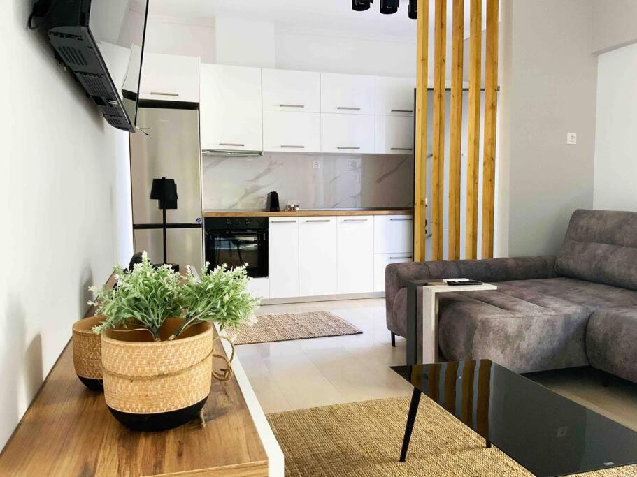 sala de estar con sofá y mesa en 2 Bedroom Family Apartment with Free Parking, en Tesalónica