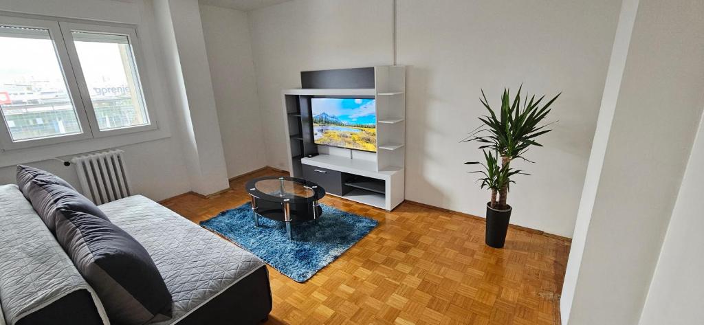 a living room with a couch and a tv at Newly equipped Arena apartment in Belgrade