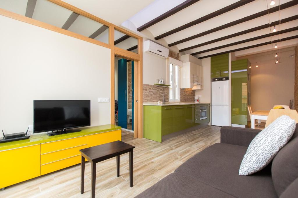 バルセロナにあるStay Barcelona Gracia Apartmentsのリビングルーム(テレビ、ソファ付)