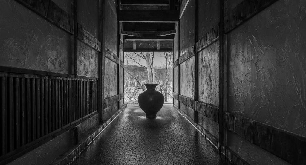 a vase sitting in the middle of a hallway at SHIGUCHI in Kutchan