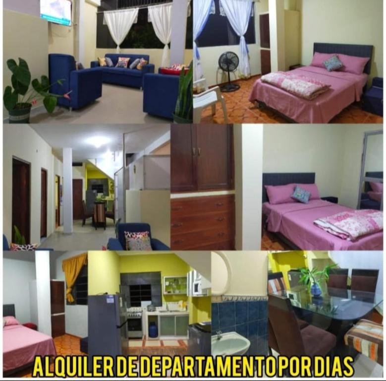 kolaż zdjęć sypialni i salonu w obiekcie El Jardín de la Bella w mieście Tingo María