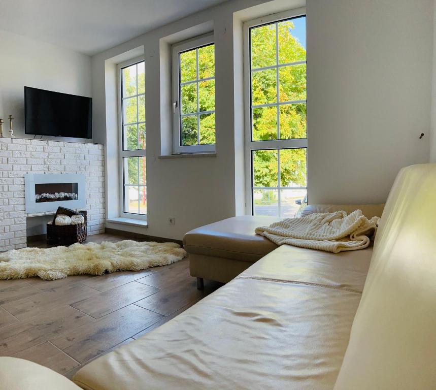 sala de estar con sofá y chimenea en Ferienhaus Doina, en Gehlberg