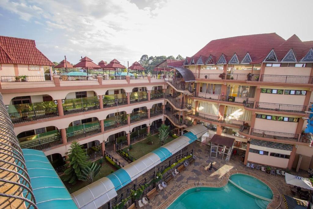 vista aerea di un resort con scivolo d'acqua di Aturukan Hotel a Kitale