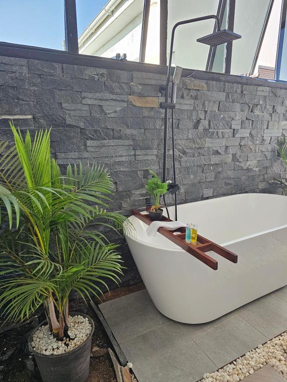 a bath tub sitting next to two potted plants at Muguet by Ibiscot development in Kampala