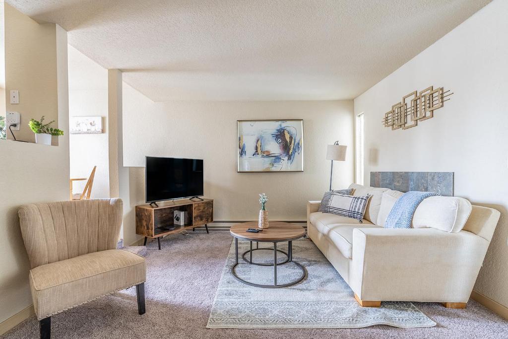 uma sala de estar com um sofá e uma televisão em Beautiful and cozy one bedroom apartment -WiFi, BBQ, Patio, Dog park, close to Greenlake and Northgate em Seattle