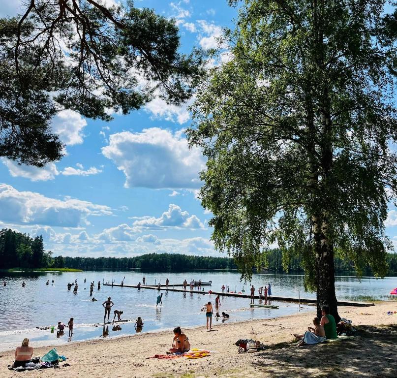 a group of people swimming in the water at a beach at Gnosjö Strand Camping in Gnosjö