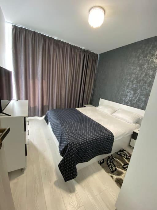 a bedroom with a black and white bed and a window at Happy apartment 1 in Roşu