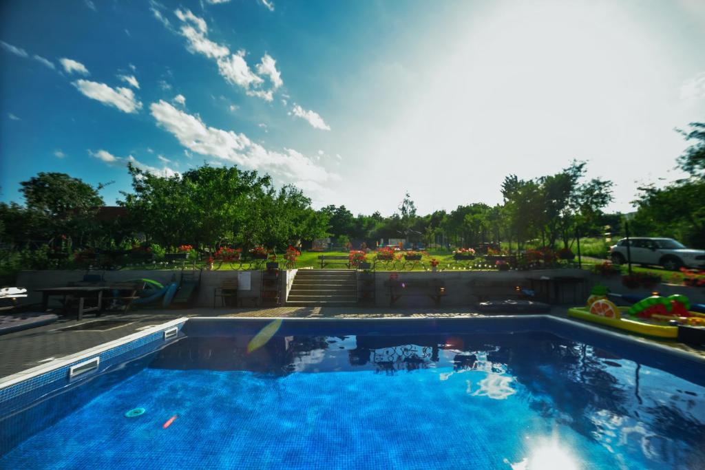 a large swimming pool with blue water in a yard at Pensiunea Casa Dacilor in Podeni