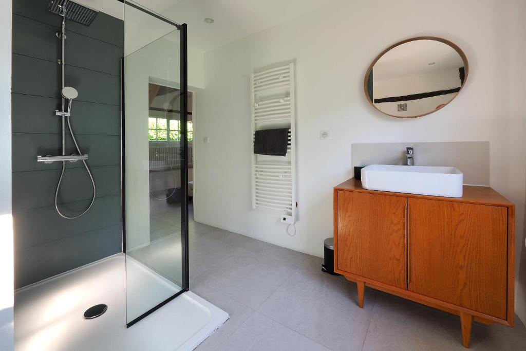 a bathroom with a shower and a sink and a mirror at Le Verdoyant in Verneuil d&#39;Avre et d&#39;Iton