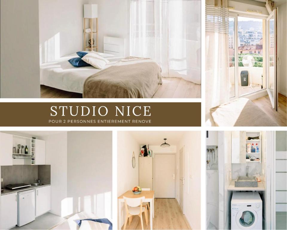 un collage de photos d'une chambre et d'un studio dans l'établissement Studio cozy et moderne dans résidence à Nice, à Nice