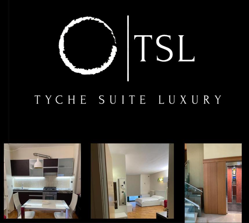 a collage of four pictures of a hotel room at Tyche Suite Luxury in Lecce