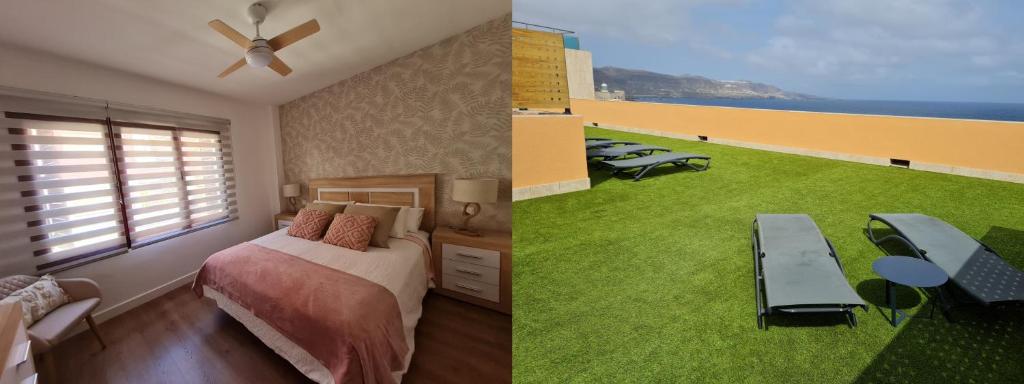 a bedroom with a bed and a view of the ocean at Your Canary Home in Las Palmas de Gran Canaria