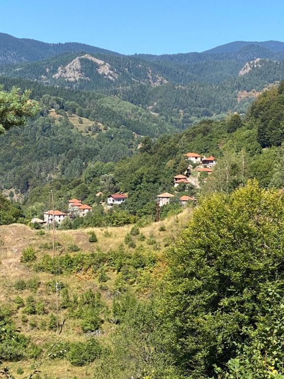 un pueblo en una colina con árboles y montañas en Spring House Изворна Къща, 