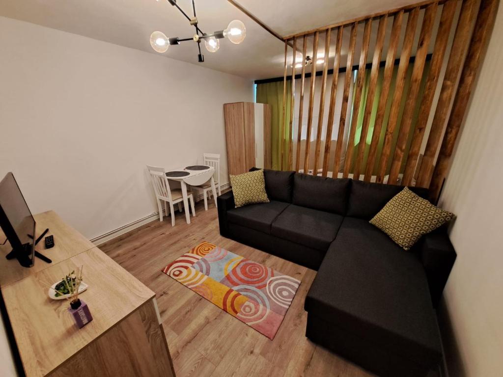 a living room with a black couch and a table at Quiet Studio in Piteşti