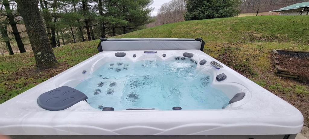 una vasca da bagno con acqua blu in un campo di Whole House 85 Acre Private Ranch Sleeps 8, hot-tub king beds a Logan